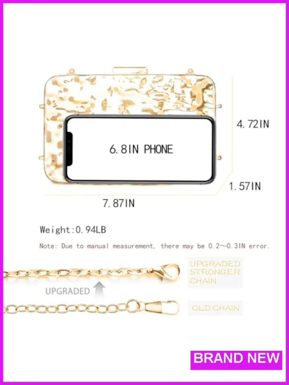 Evening Clutch Purse for Women, Metallic Chain Bag, Wedding Party Formal Event